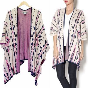 Flying Tomato Boho Aztec Sweater Kimono Size Medium Tan Navy Hot Pink Southwest